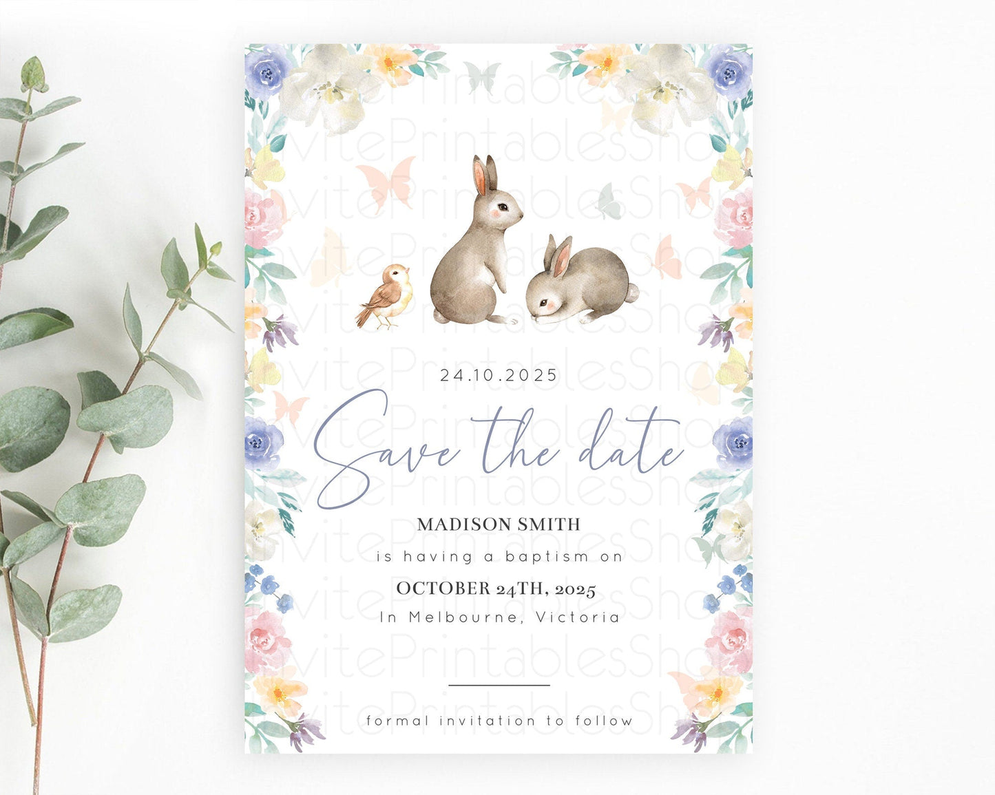 Floral Bunny Save The Date Template Pastel Flowers Forest Bunny Secret Garden Some Bunny Party 1st Birthday Baby Shower Baptism D10928