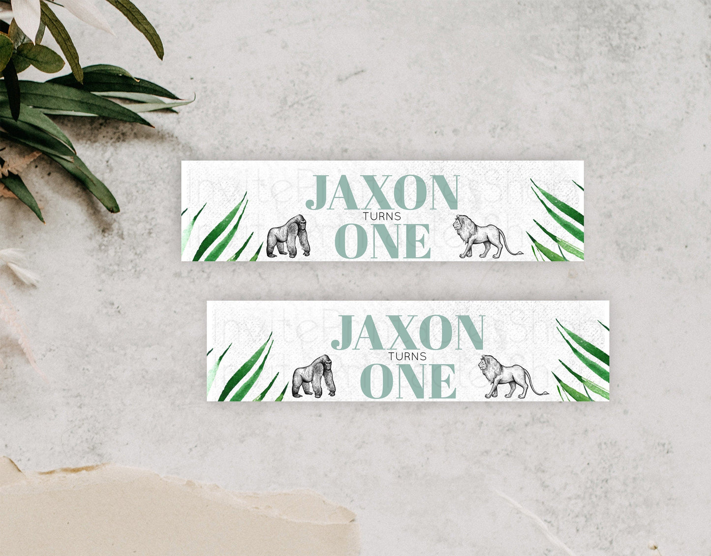 Safari Water Label Template Lion Gorilla Elephant Rhino Animals Party Decor Tropical Palm Zoo Theme 1st Birthday Baptism Baby Shower D10853