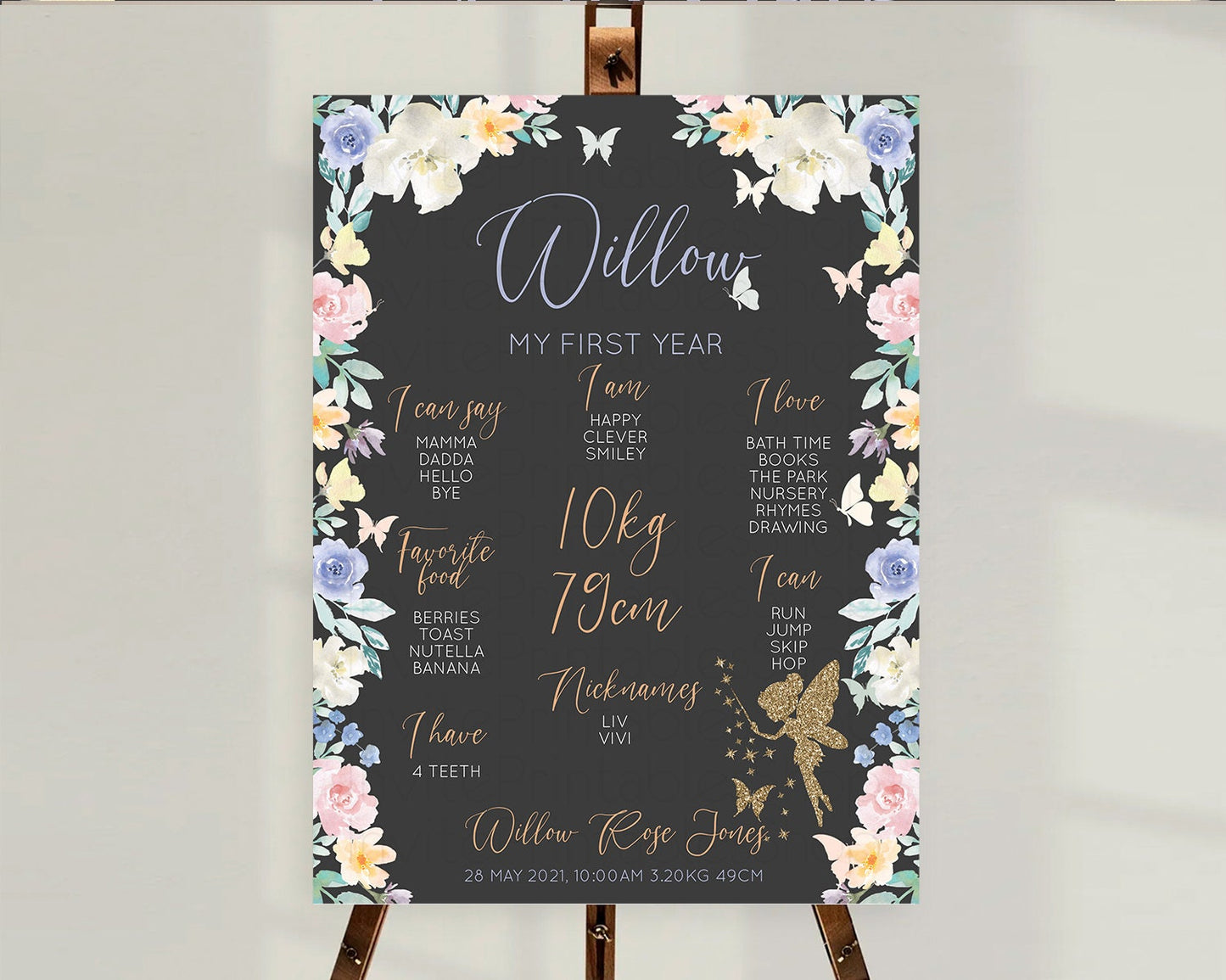 Fairy First Birthday Milestone Poster Fairy Secret Garden Milestone Board Enchanted Garden Pastel Floral Butterfly 1st Birthday Sign D11000