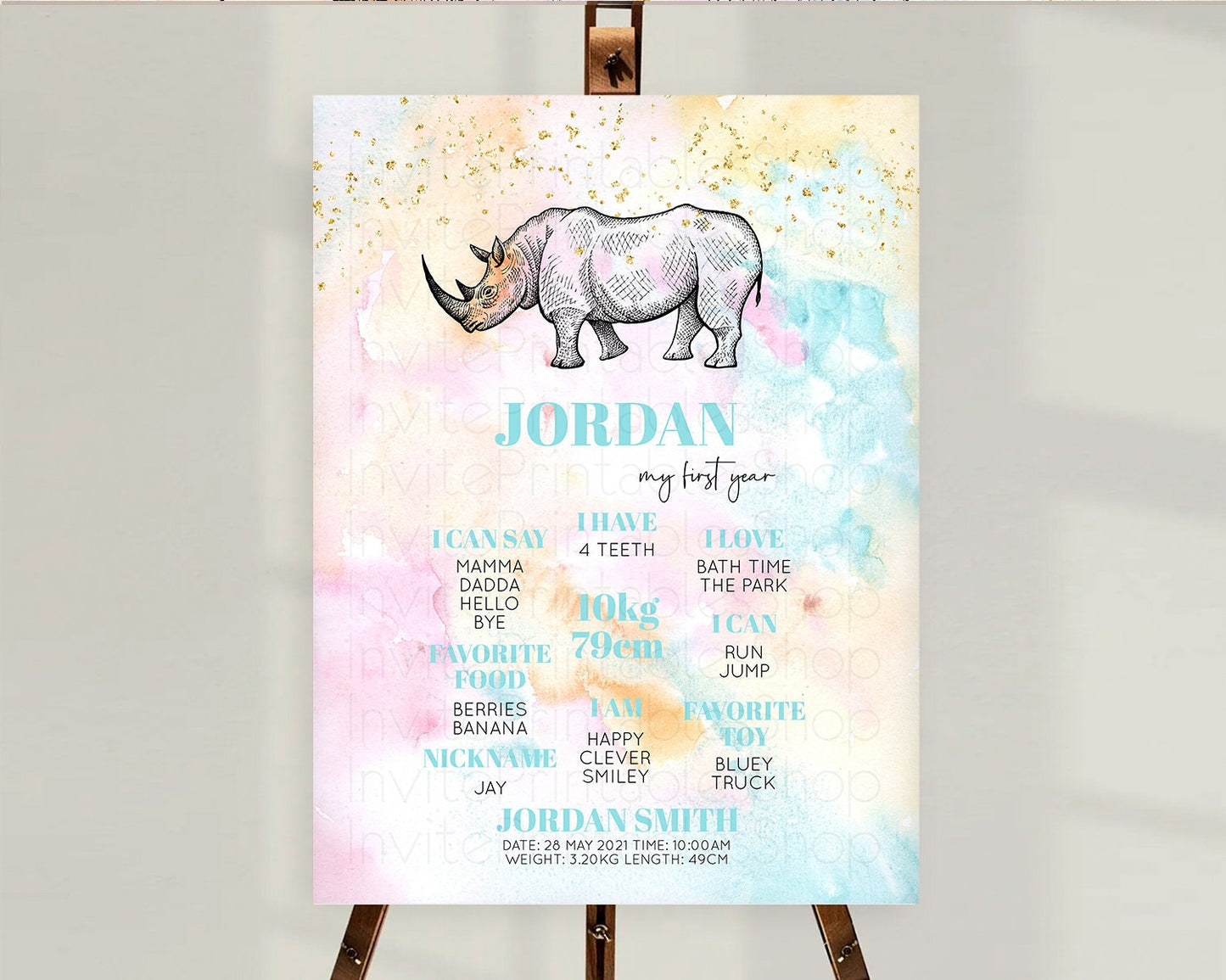 Pastel Rhino First Birthday Milestone Board Rhino Milestone Poster Colorful Rainbow Pastel Watercolor 1st Birthday Welcome Sign D10287