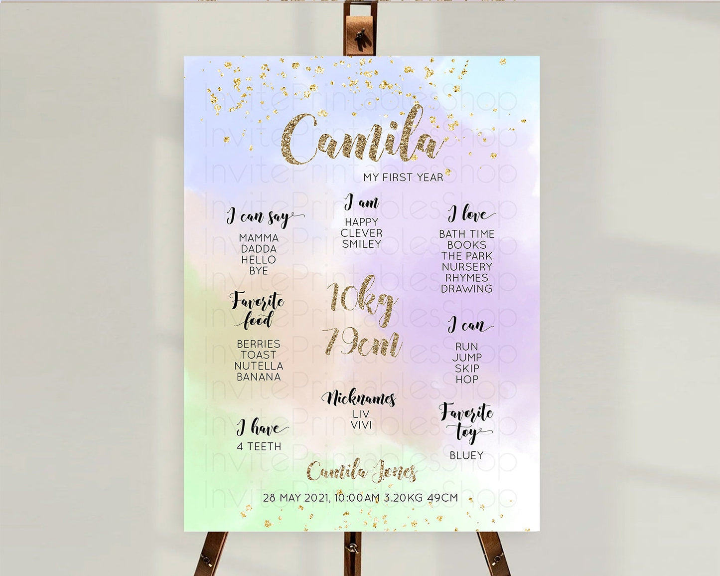 Pastel First Birthday Milestone Board Pastel Rainbow Milestone Poster Colorful Confetti Watercolor Glitter 1st Birthday Welcome Sign D10372