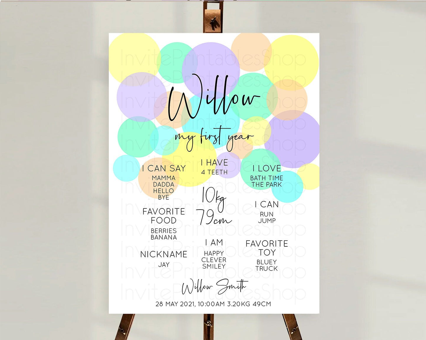 Pastel First Birthday Milestone Poster Pastel Rainbow Confetti First Birthday Milestone Board Colorful Bubbles Birthday Welcome Sign D10412