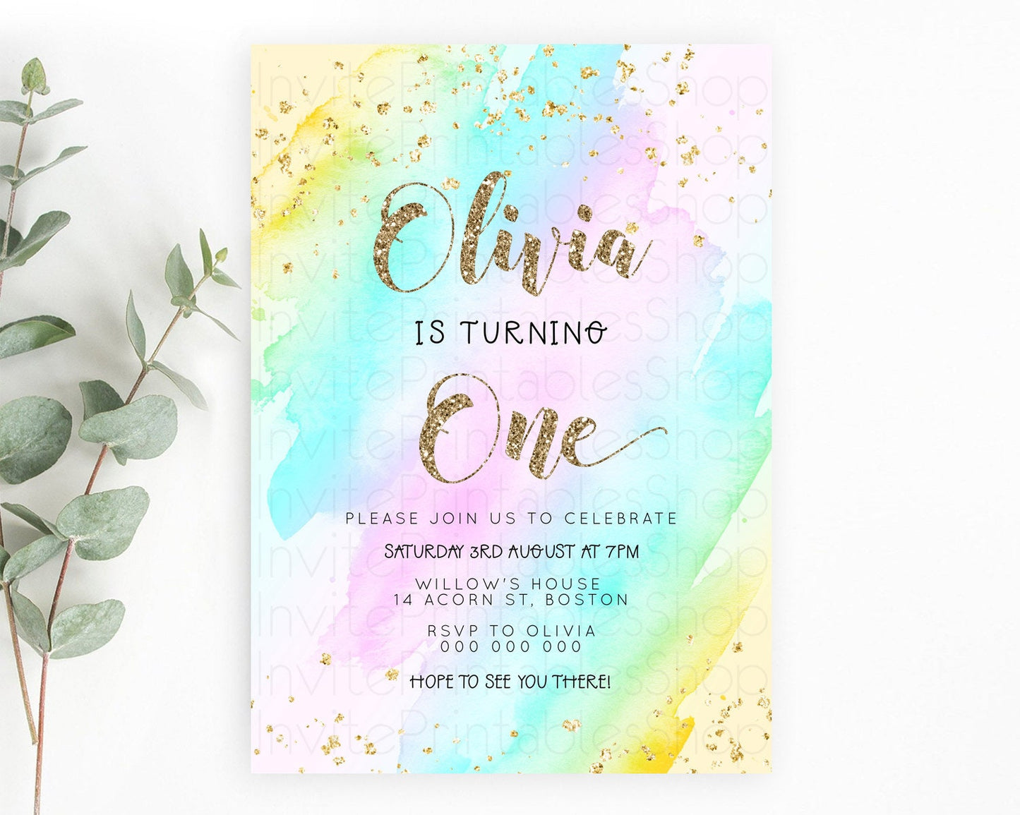Rainbow Birthday Invitation Colorful Pastel Watercolor Invitation Gold Glitter Sprinkles Ombre Pastel 1st 2nd 3rd Birthday D23285