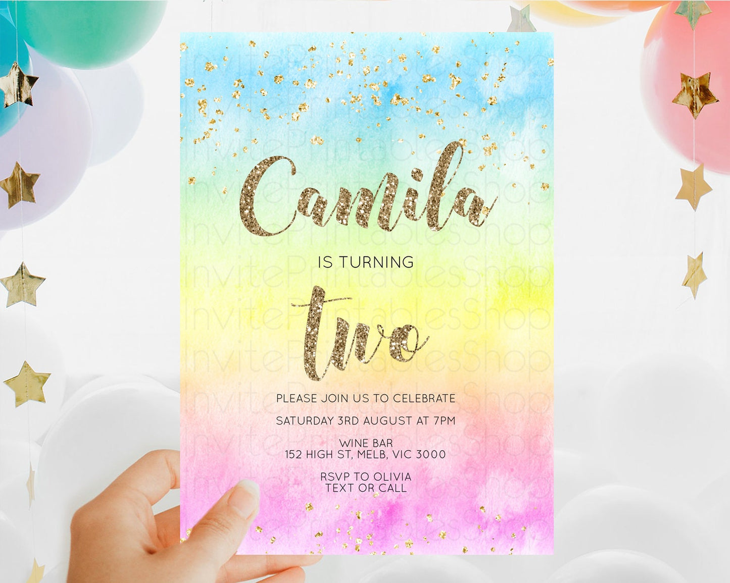Rainbow Birthday Invitation Colorful Pastel Watercolor Invitation Gold Glitter Sprinkles Ombre Pastel 1st 2nd 3rd Birthday D10479