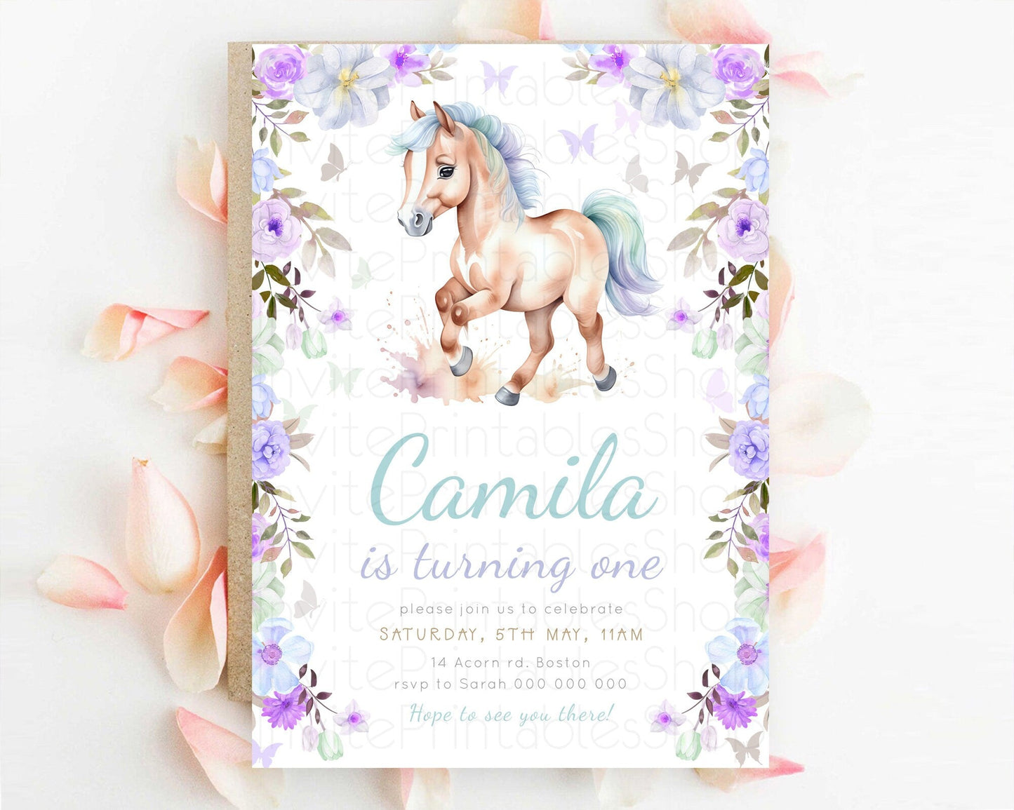 Horse Birthday Invitation, Galloping Wildflower Fields, Pastel Flowers, Butterflies, Flowers Accents for Equestrian & Cowgirls d23387