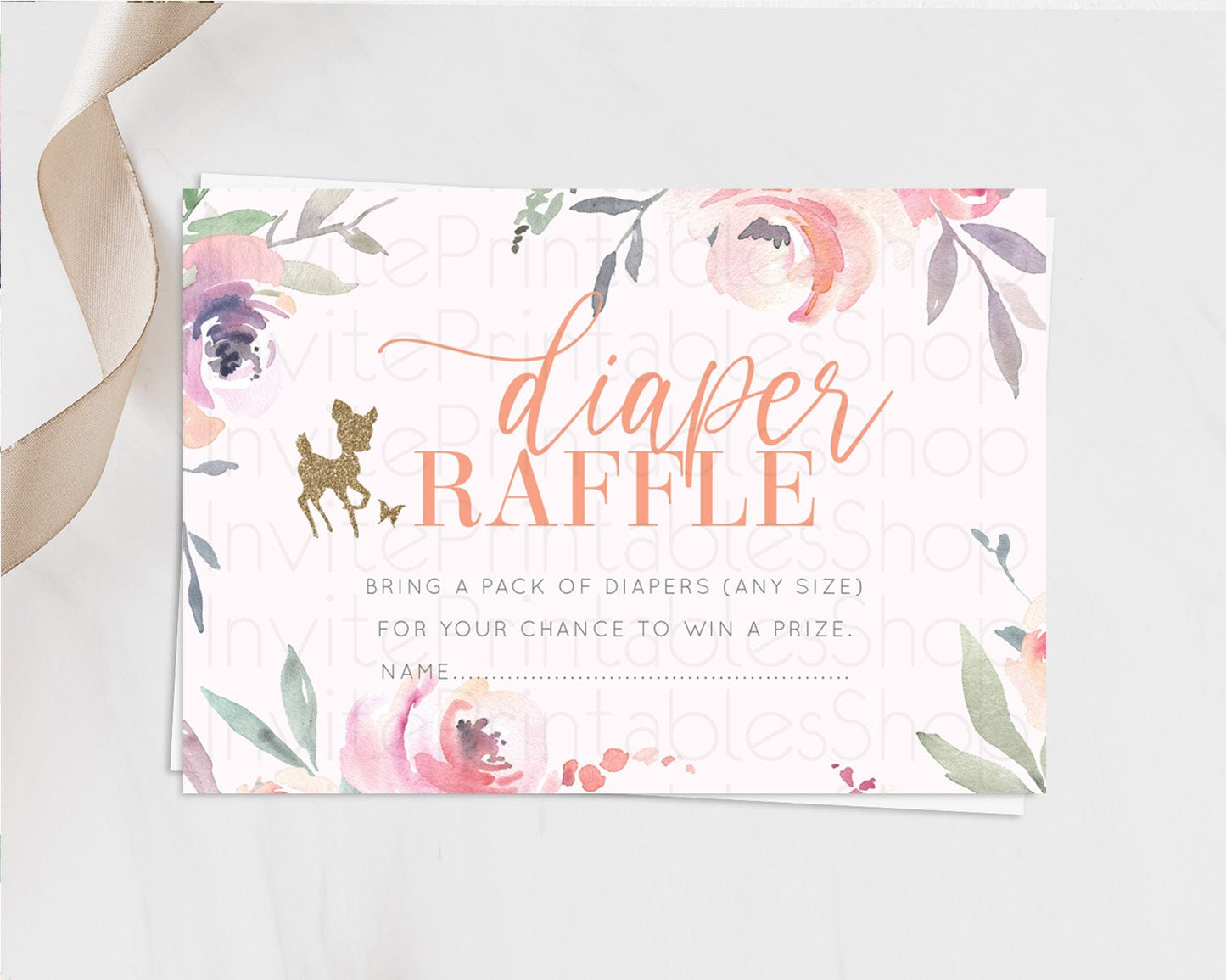 Fawn Diaper Raffle Card Deer Diaper Insert Floral Deer Diaper Ticket Enchanted Forest Butterfly Pastel Baby Shower Raffle Game D10196