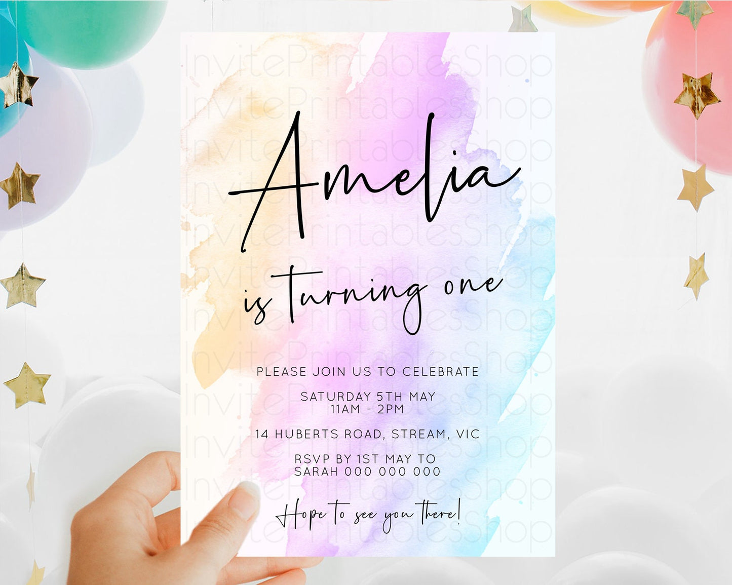 Rainbow Birthday Invitation Colorful Pastel Watercolor Invitation Gold Glitter Sprinkles Ombre Pastel 1st 2nd 3rd Birthday D10177