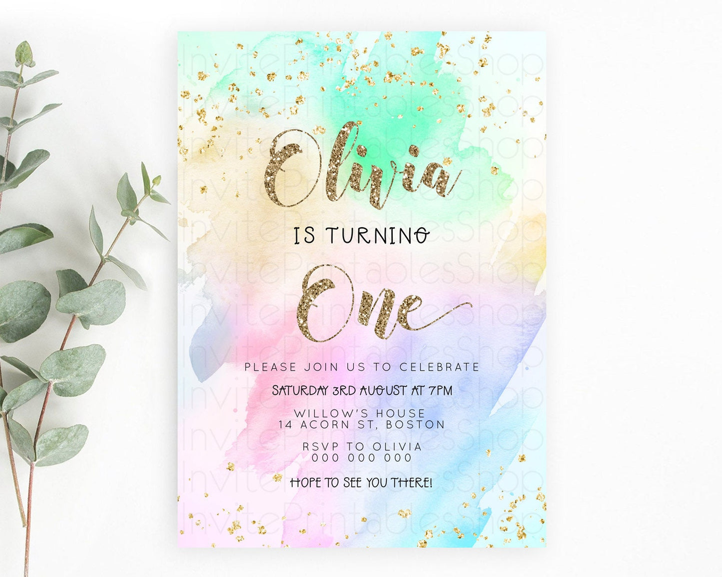Rainbow Birthday Invitation Colorful Pastel Watercolor Invitation Gold Glitter Sprinkles Ombre Pastel 1st 2nd 3rd Birthday D23306