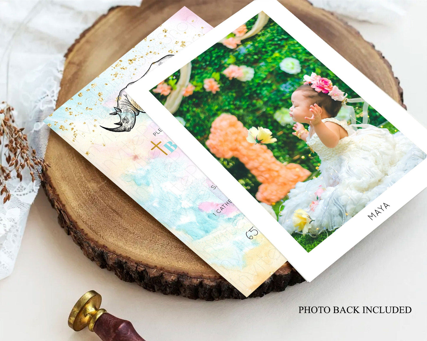 Rhino Baptism Invitation Rhino Baptism 1st Birthday Invitation Rhino Pastel Watercolor Rainbow Christening Invitation Religious D10287