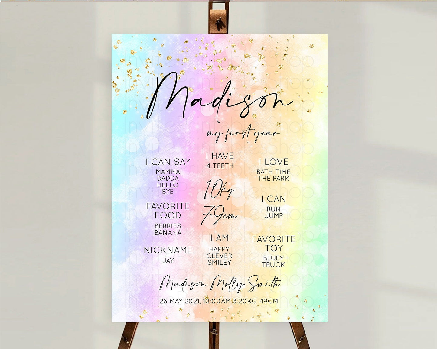Pastel First Birthday Milestone Board Pastel Rainbow Milestone Poster Colorful Confetti Watercolor Glitter 1st Birthday Welcome Sign D10647