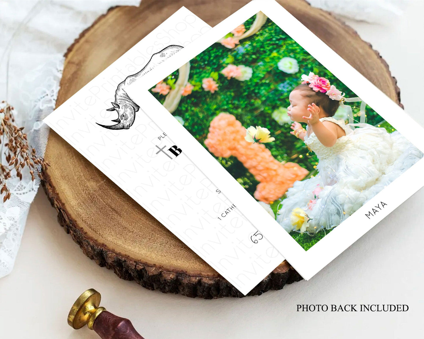 Rhino Baptism Invitation Rhino Baptism 1st Birthday Invitation Rhino Safari Adventure Christening Invitation Palm Leaf Invite Zoo D10253