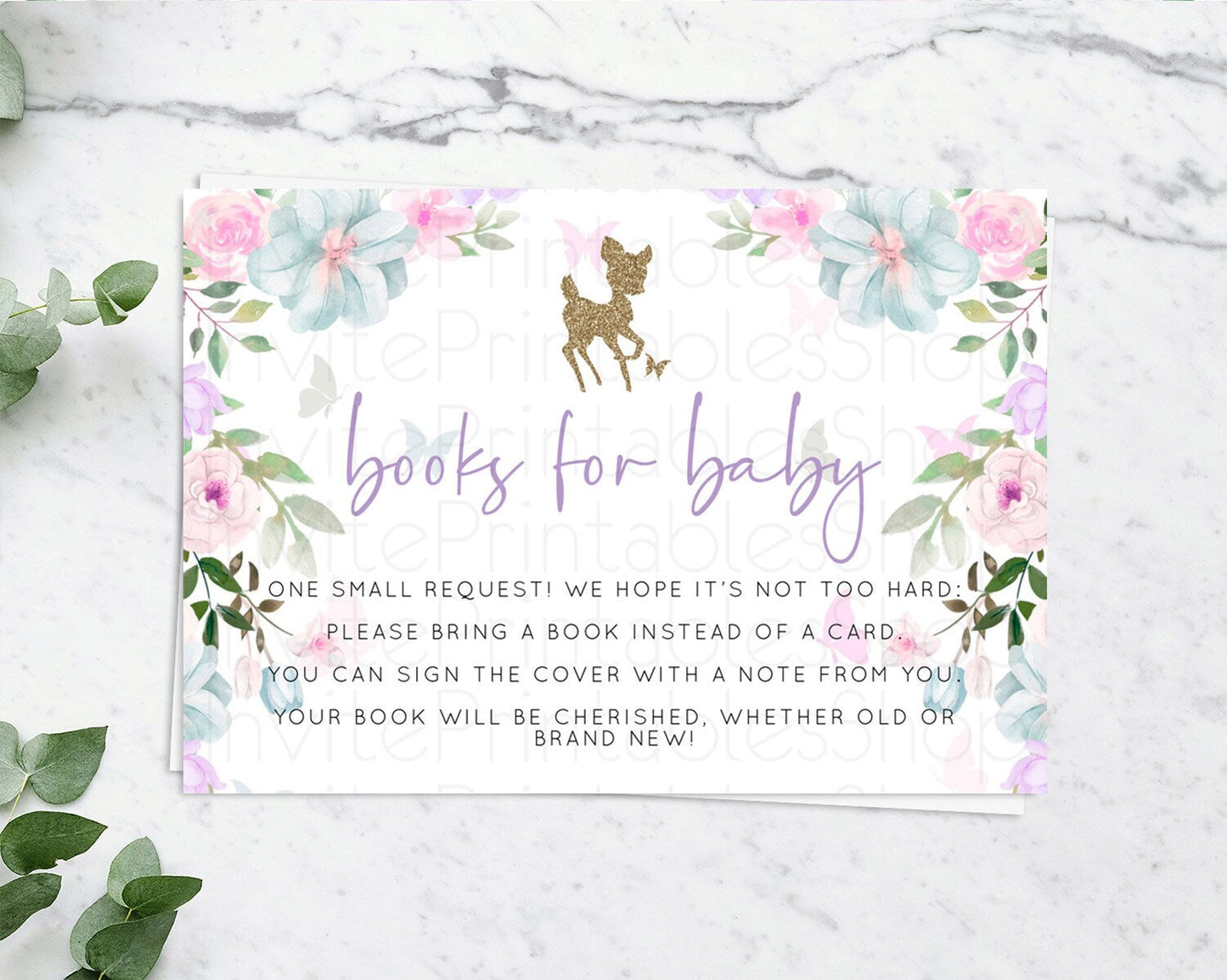 Fawn Books For Baby Card Deer Book Insert Floral Deer Book Card Enchanted Forest Butterfly Pastel Baby Shower Book Poem Request D10476