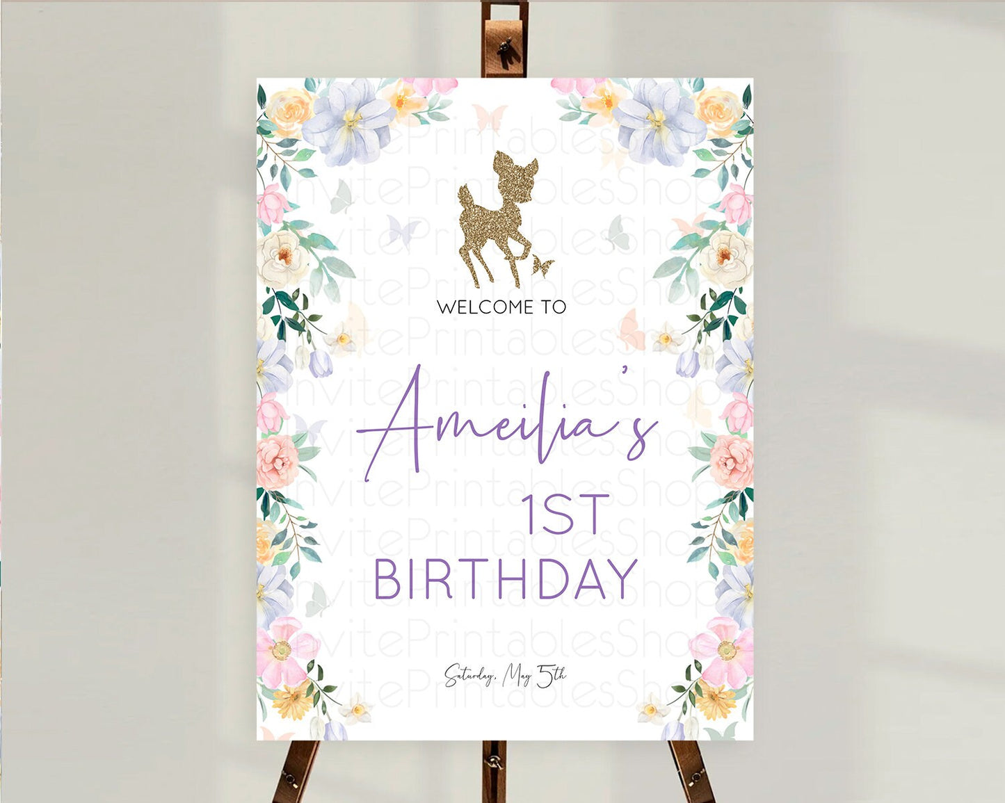 Fawn Welcome Sign Deer Welcome Board Floral Deer Welcome Poster Enchanted Forest Butterfly Pastel Floral First Birthday Welcome Sign D10477