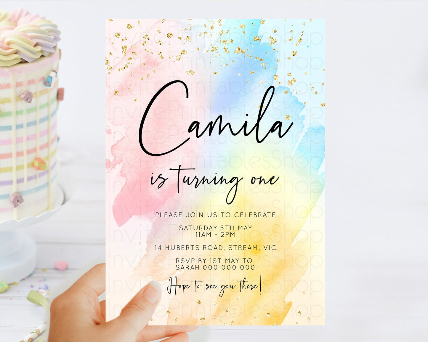Rainbow Birthday Invitation Colorful Pastel Watercolor Invitation Gold Glitter Sprinkles Ombre Pastel 1st 2nd 3rd Birthday D10557
