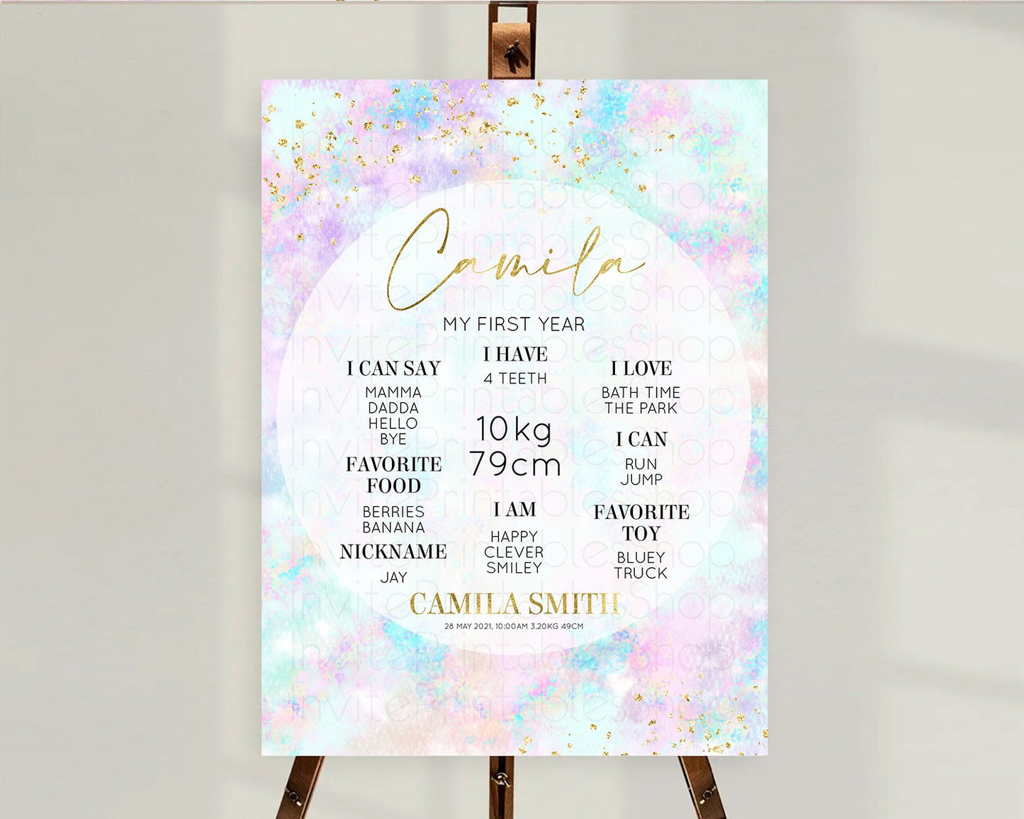 Pastel First Birthday Milestone Board Pastel Rainbow Milestone Poster Colorful Confetti Watercolor Glitter 1st Birthday Welcome Sign D10652