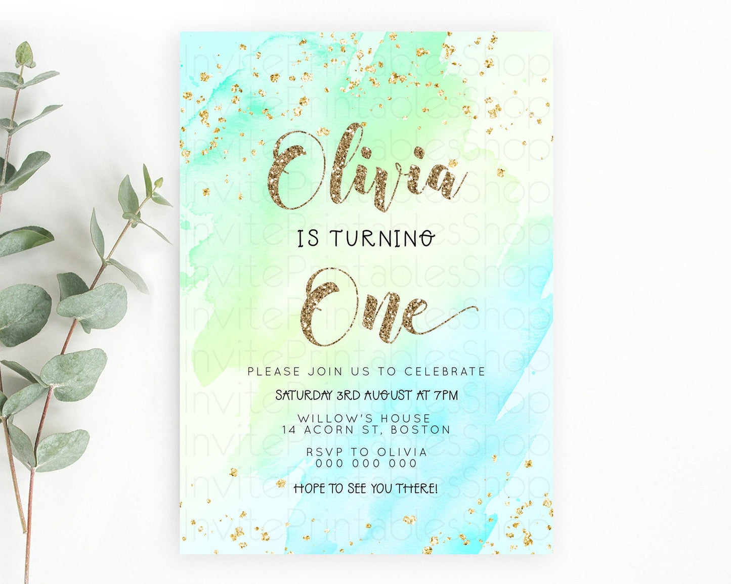 Green Birthday Invitation green Watercolor Invitation Pastel green Watercolor Invitation green Splash Gold Invitation First Birthday D23287