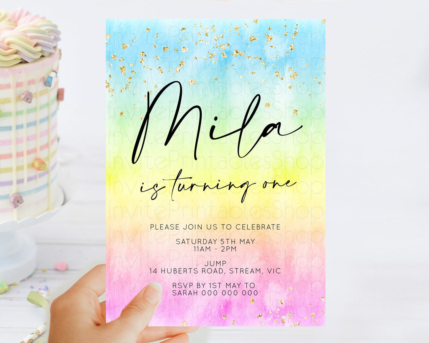 Rainbow Birthday Invitation Colorful Pastel Watercolor Invitation Gold Glitter Sprinkles Ombre Pastel 1st 2nd 3rd Birthday D10483