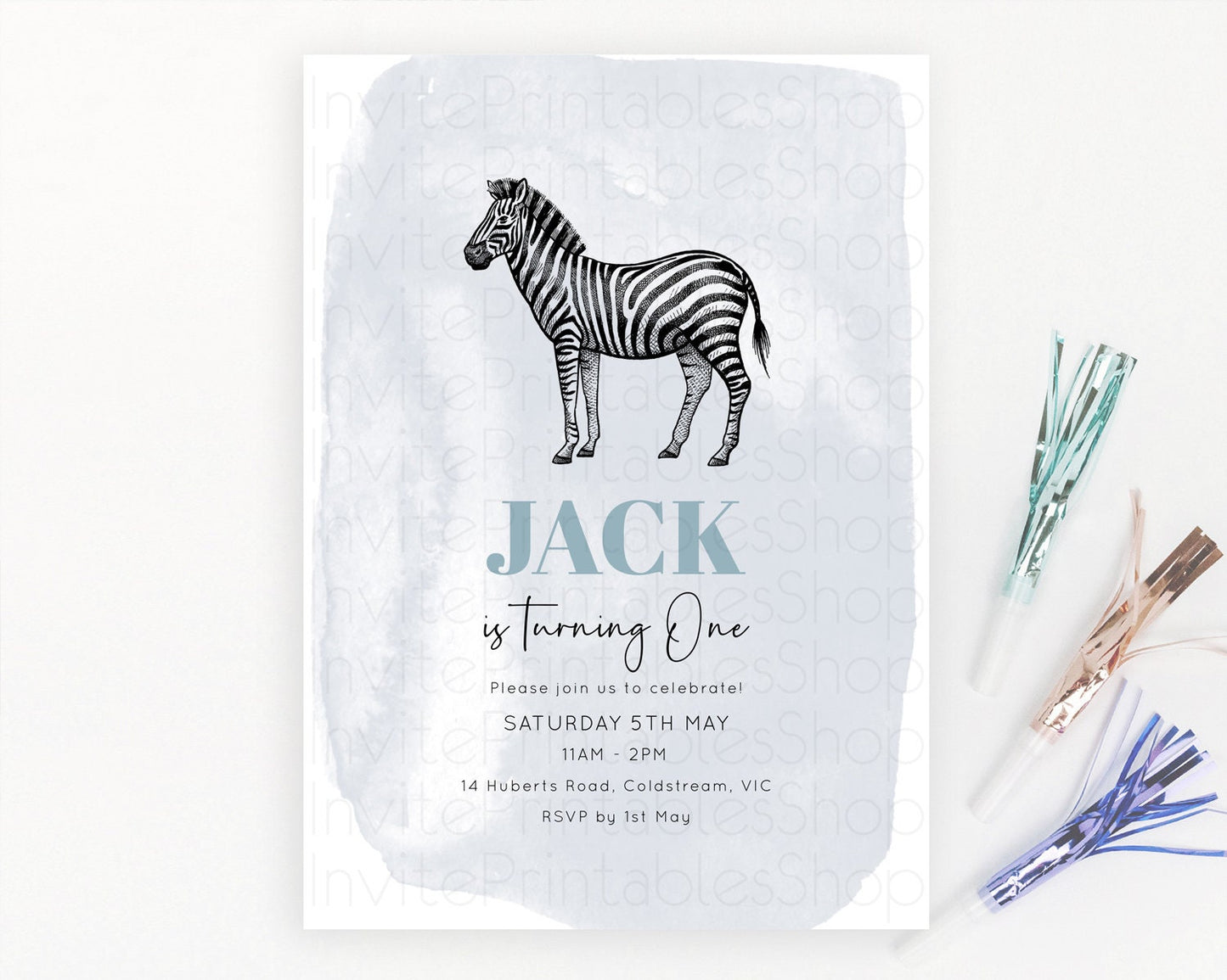 Zebra Birthday Invitation Zebra Invite Jungle Safari invite Watercolor Tropical Palm Invite Adventure Zoo Party Wild Animal Party D10814