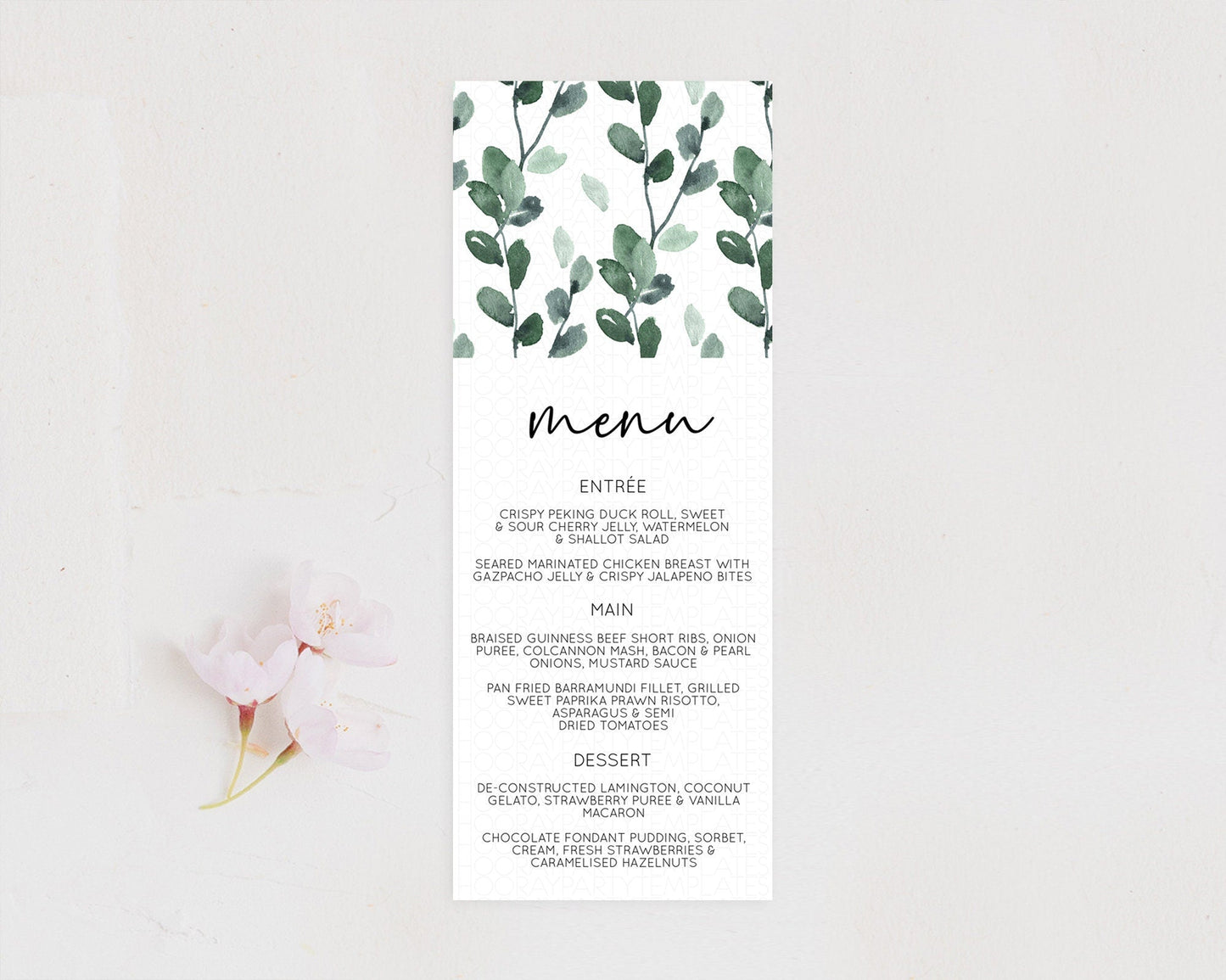 Leafy Menu Green Leaf Menu Template Eucalyptus Fern Leaves Decor Watercolor Boho Garden Leaf Branch Dinner Dessert Party Food Menu D11059