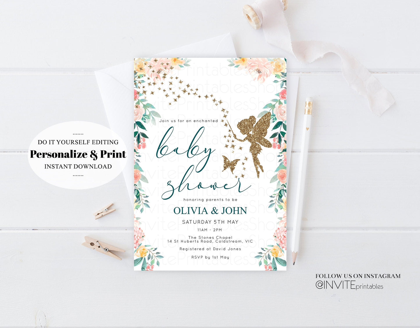 Fairy Baby Shower Invitation Enchanted Baby Tinkerbell Glitter Pixie Twinkle Stars Fairytale Pastel Watercolor Flowers Editable Template