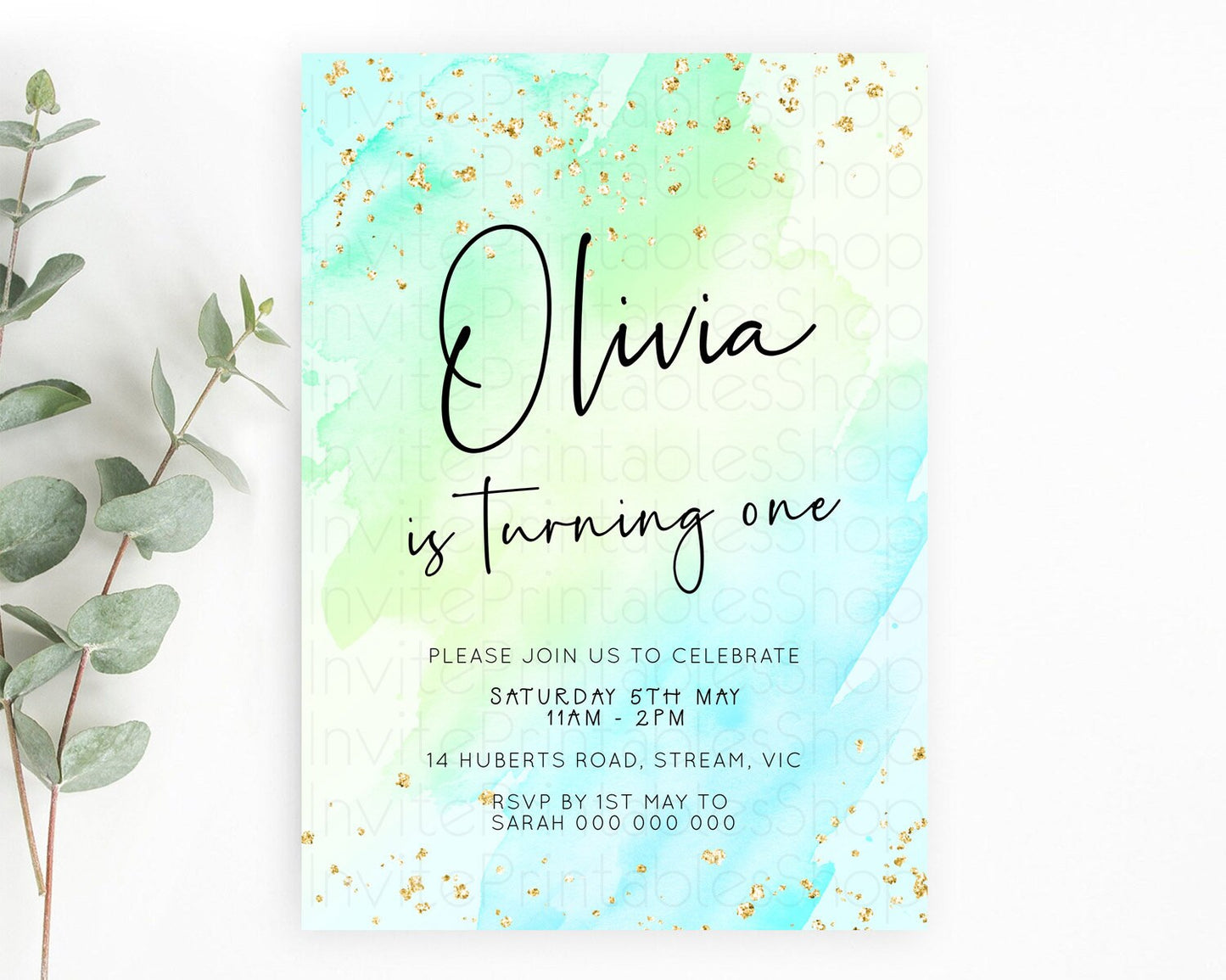 Green Birthday Invitation green Watercolor Invitation Pastel green Watercolor Invitation green Splash Gold Invitation First Birthday D23056