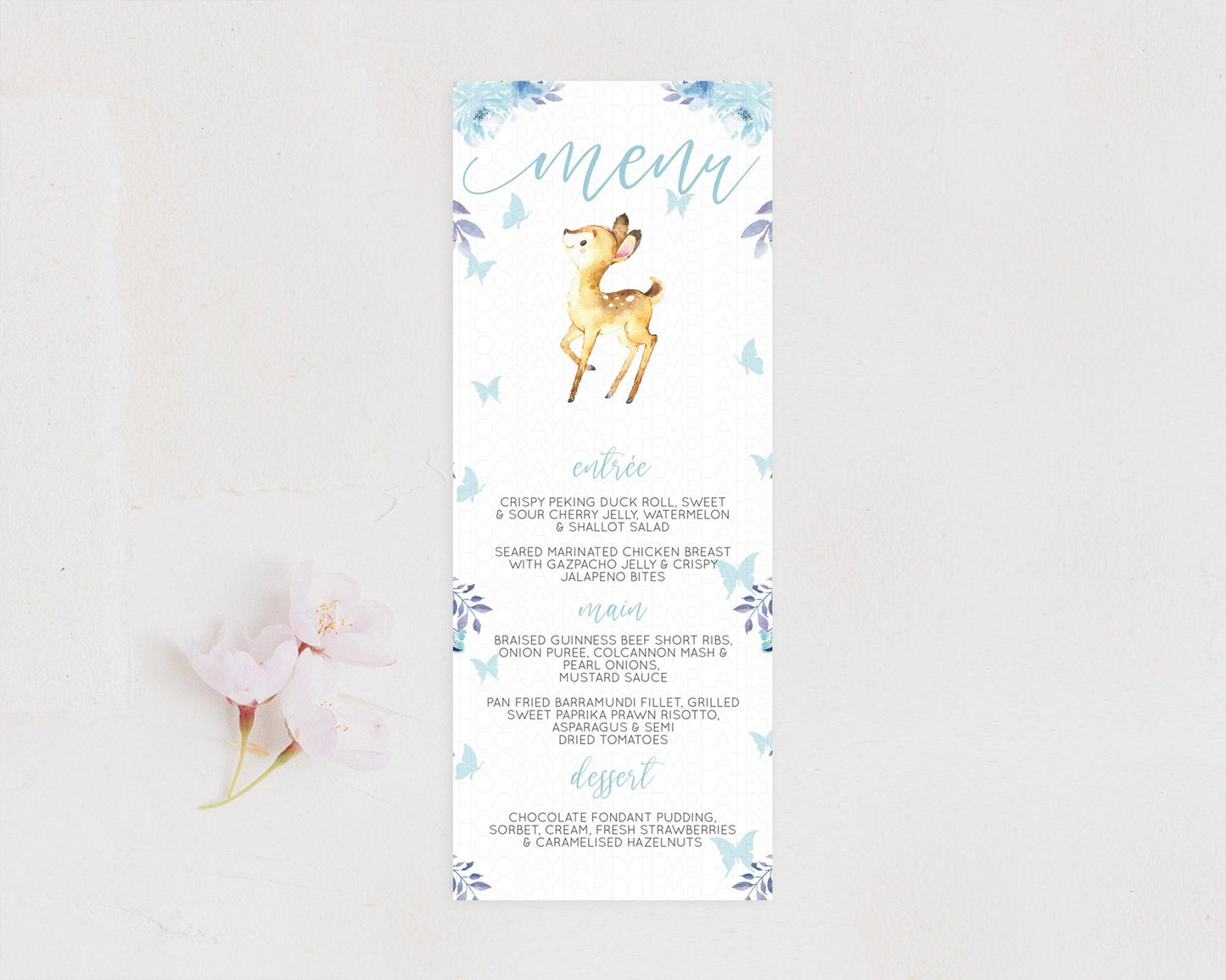Fawn Menu Deer Menu Template Pastel Floral Deer Table Decor Enchanted Forest Butterfly Floral Dinner Dessert Menu Party Food Menu D10917
