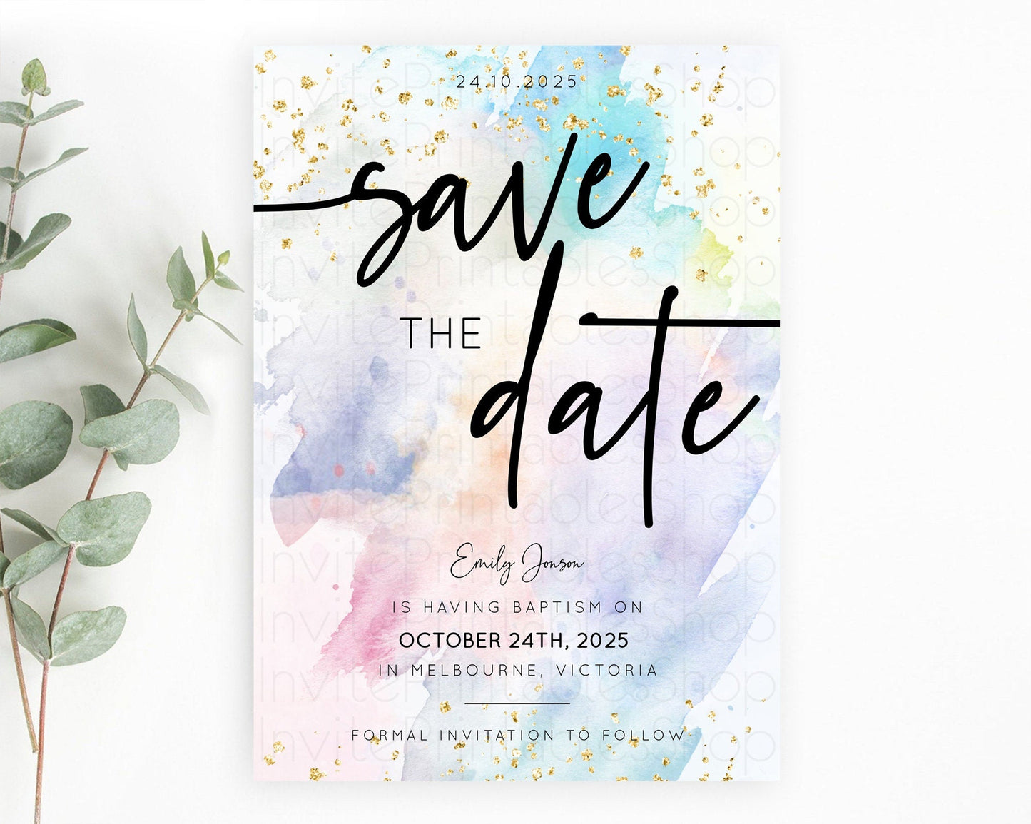 Pastel Save The Date Template Pastel Ombre Rainbow Watercolor Colorful Party For Birthday Baptism Baby Shower Wedding Bridal Shower D10424