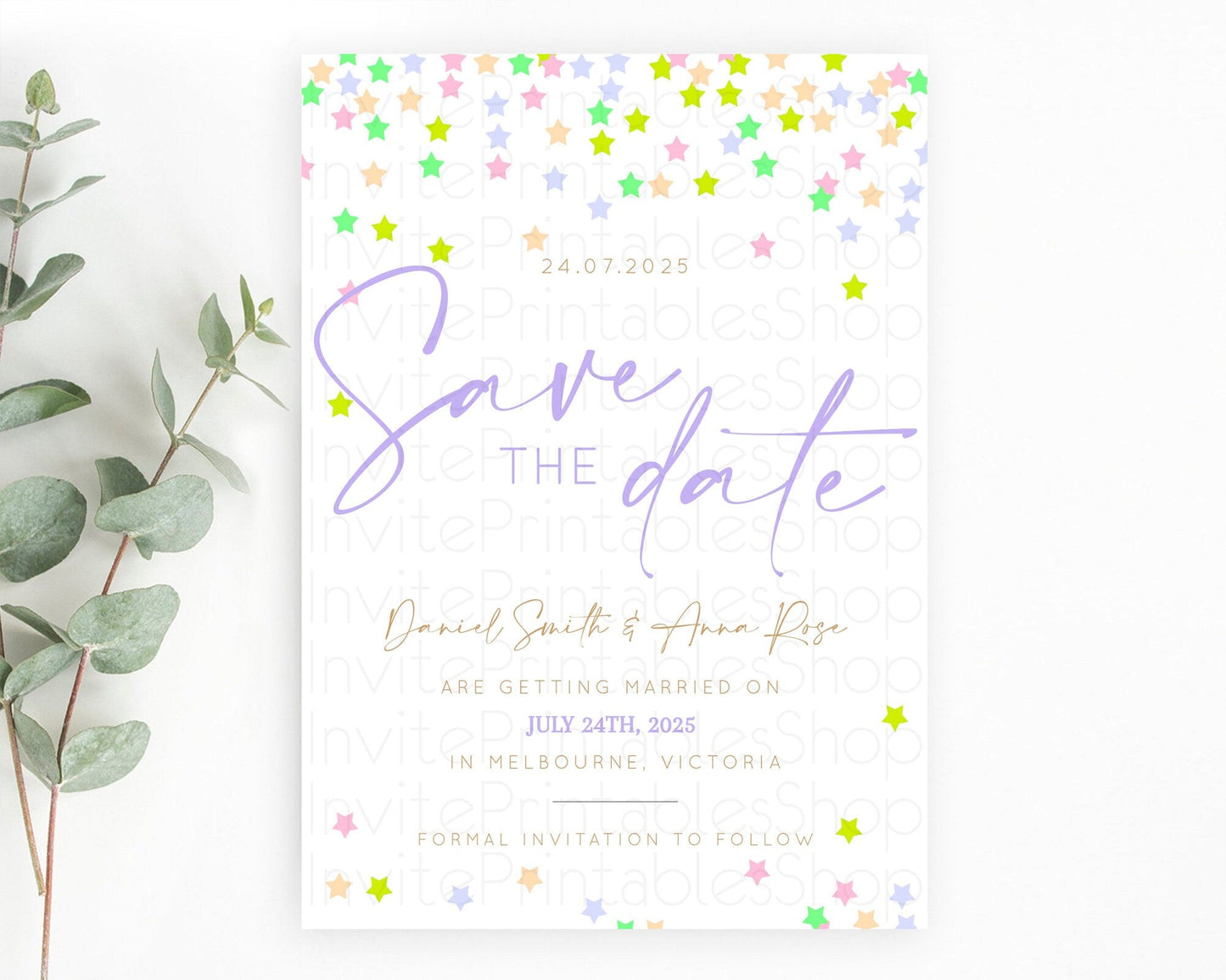 Twinkle Stars Save The Date Template Pastel Twinkle Little Star Party Shooting Star Confetti Sprinkles Birthday Baptism Baby Shower D10396