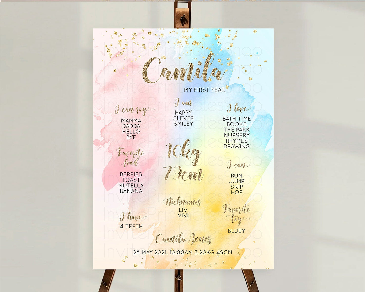 Pastel First Birthday Milestone Board Pastel Rainbow Milestone Poster Colorful Confetti Watercolor Glitter 1st Birthday Welcome Sign D10556