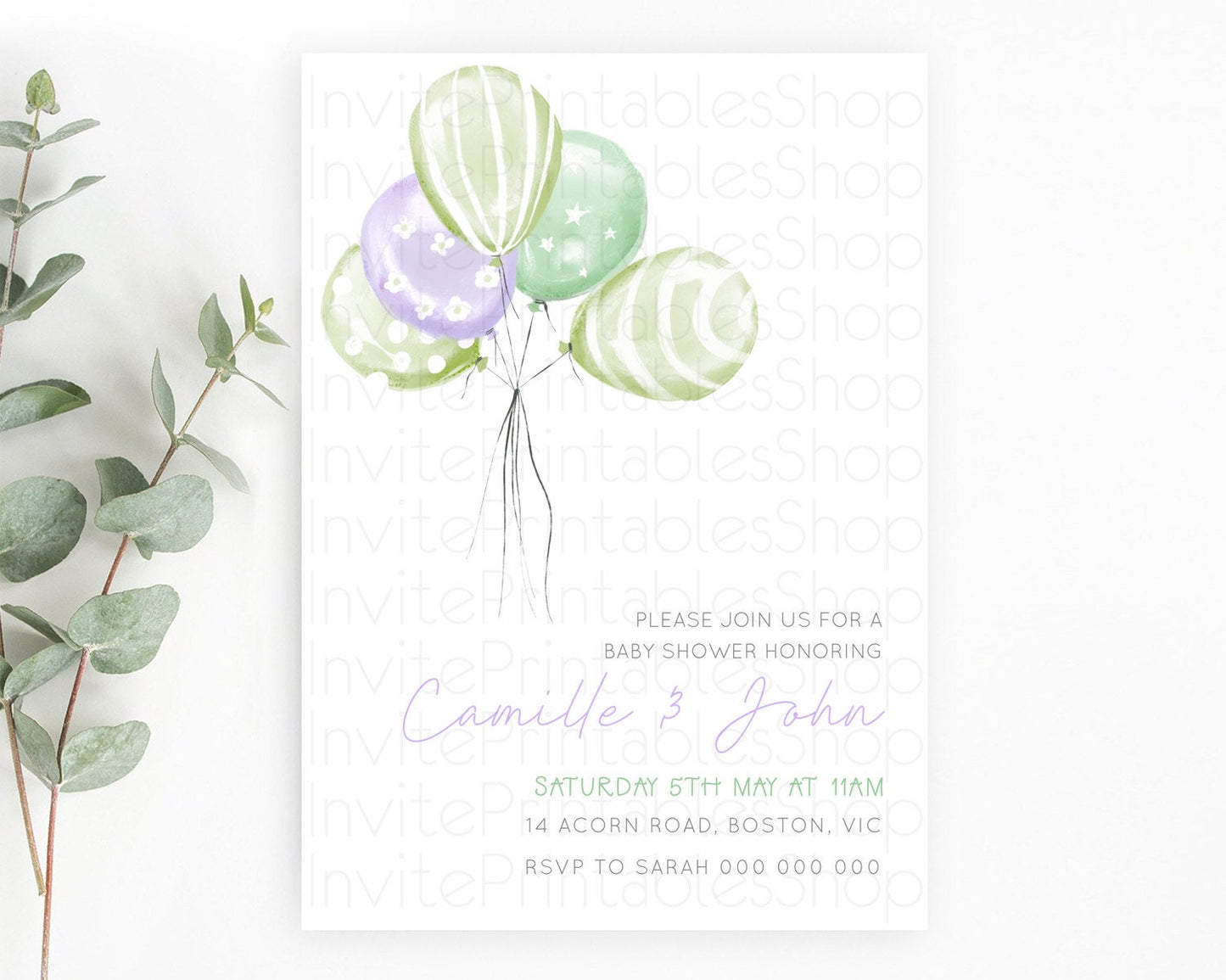 Pastel Green and Purple Balloon Baby Shower Invitation Pastel Balloon Invitation Pastel Green and Purple Balloon Baby Shower Theme d22998