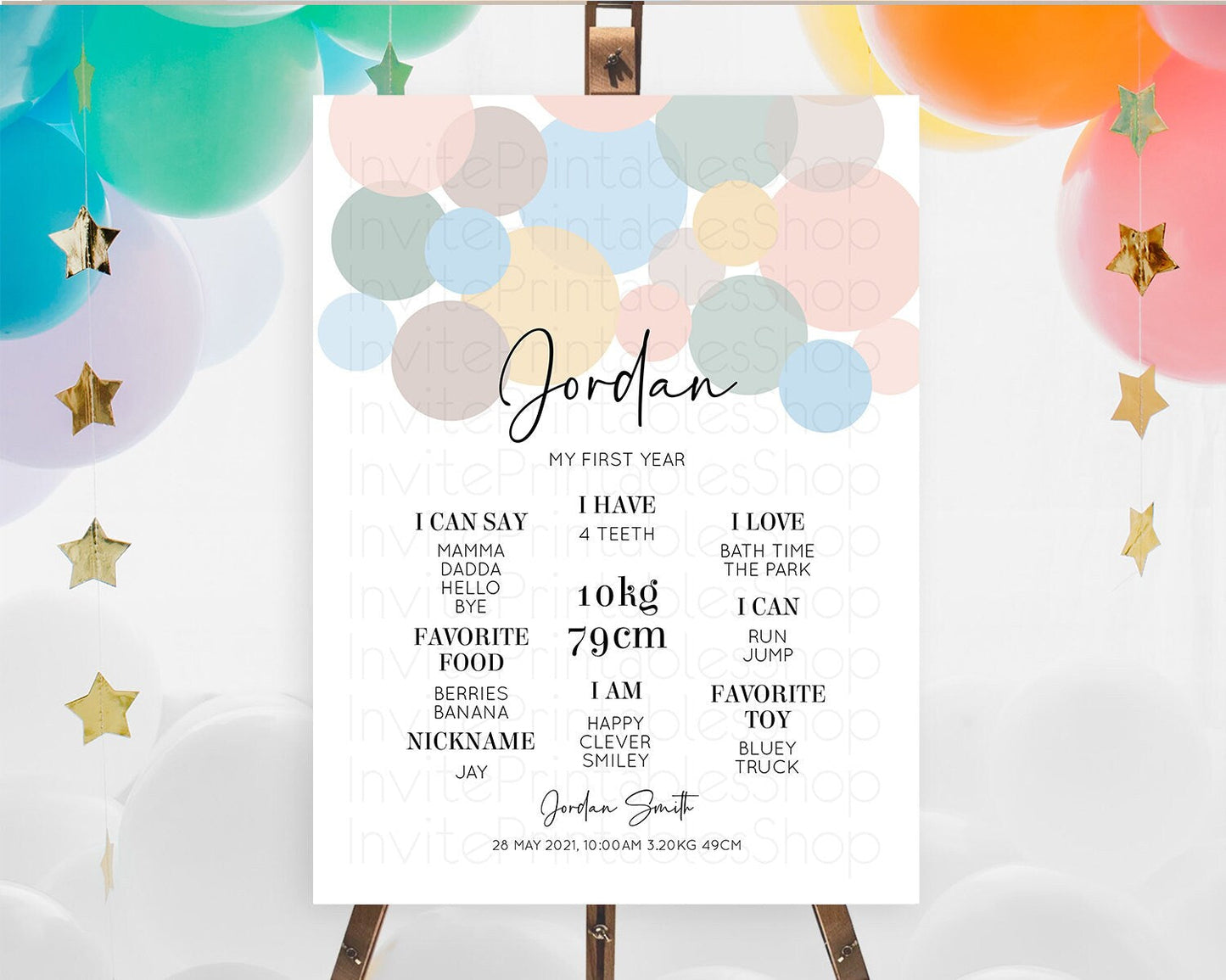 Pastel First Birthday Milestone Poster Pastel Rainbow Confetti First Birthday Milestone Board Colorful Bubbles Birthday Welcome Sign D10602