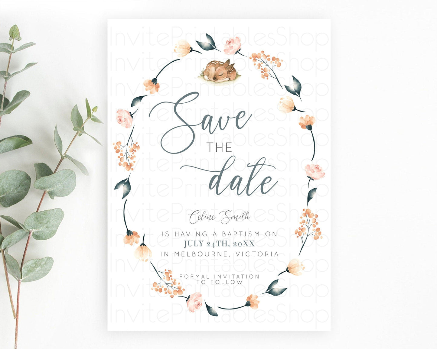 Fawn Deer Save The Date Template Pastel Floral Deer Enchanted Forest Butterfly Party 1st Birthday Baptism Baby Shower Bridal Shower D10790