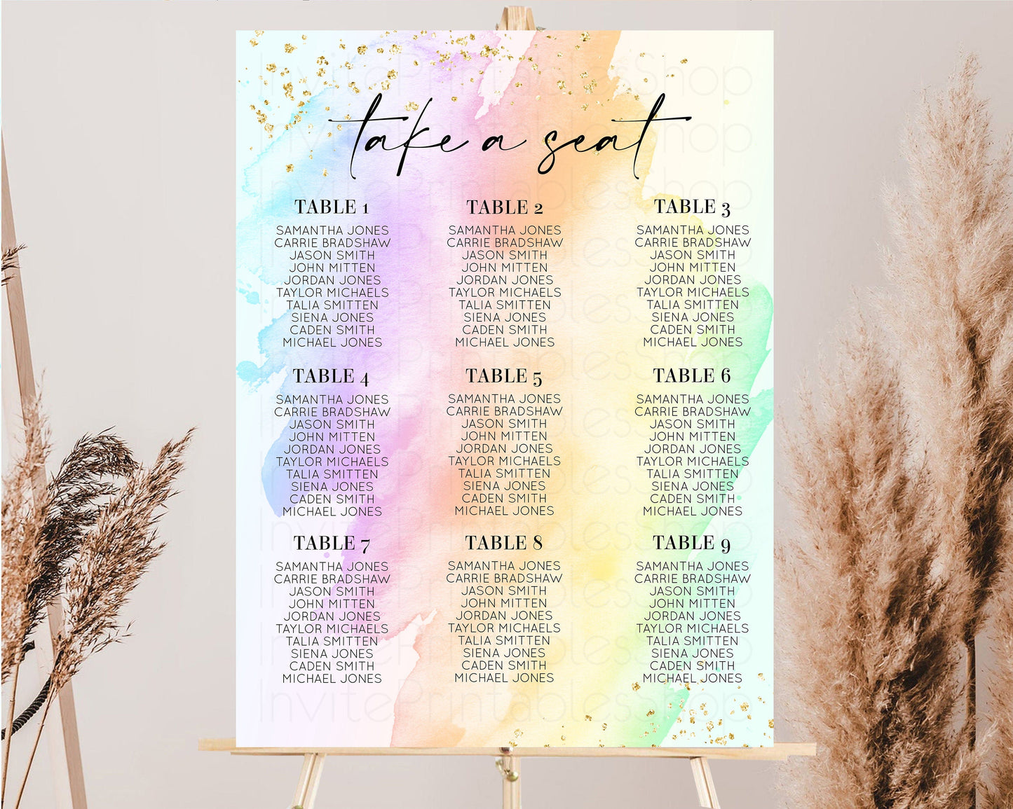 Rainbow Seating Chart Pastel Clouds Seating Sign Gold Sprinkles Seating Poster Ombre Pastel Colors Wedding Christening Birthday Baptism t602