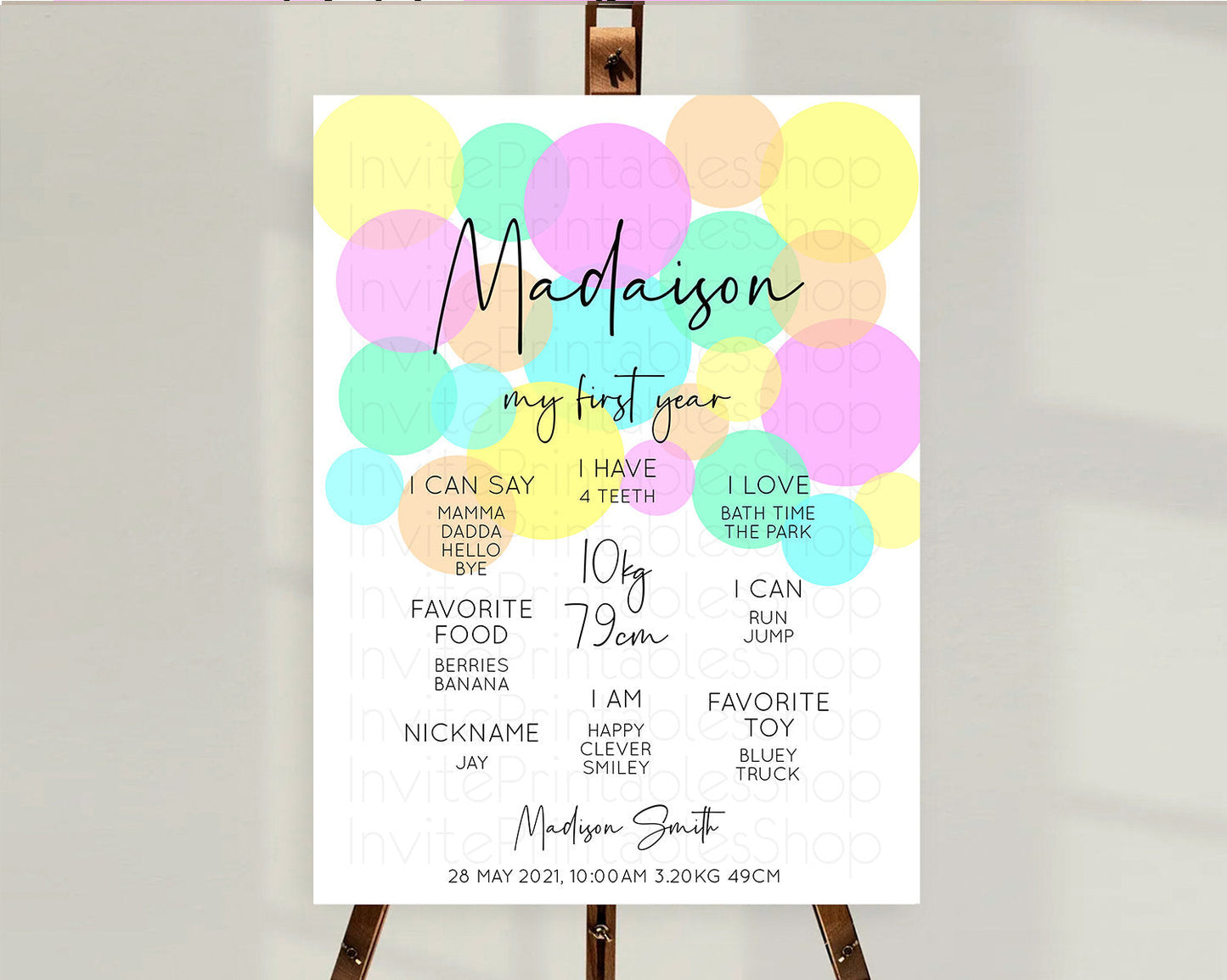 Pastel First Birthday Milestone Poster Pastel Rainbow Confetti First Birthday Milestone Board Colorful Bubbles Birthday Welcome Sign D10409