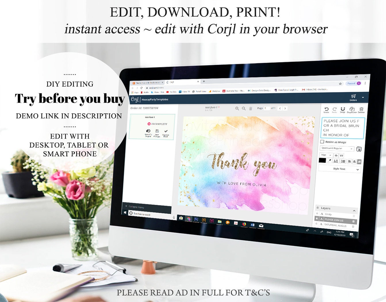 Pastel Rainbow Thank you Colorful Watercolor Folded Gift Cards Custom Note Message Glitter Birthday Engaged Baby Shower Wedding Guests g504