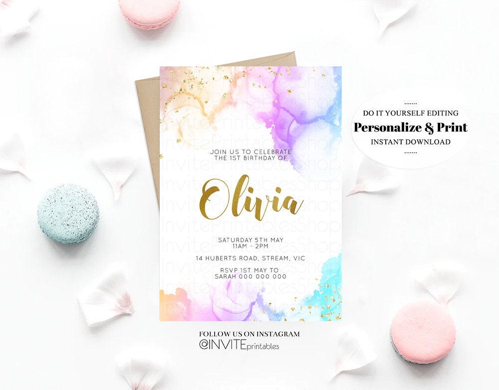 Pastel Rainbow Birthday Invitation Colorful Watercolor Splash Ombre Ink Paint Purple Pink Blue Confetti Gold Glitter Sprinkles Printable