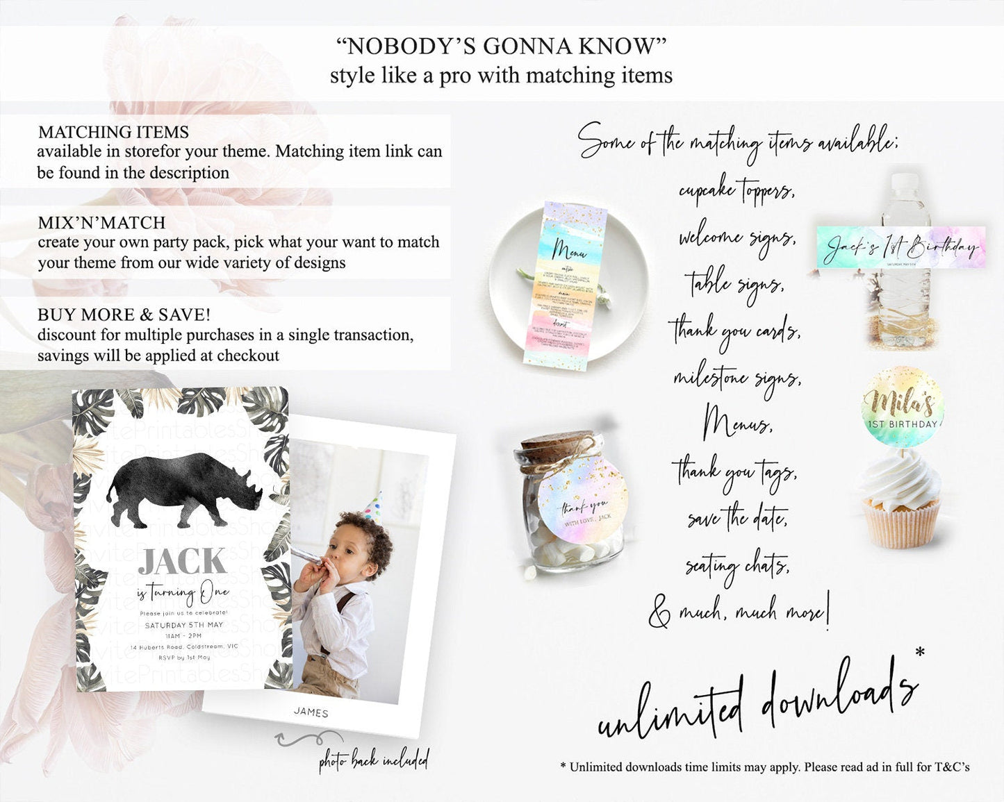 Rhino Birthday Invitation Rhino Invitation Rhino Birthday Rhino Safari Adventure Invite Rhino Palm Leaf Invite Zoo Party D10805