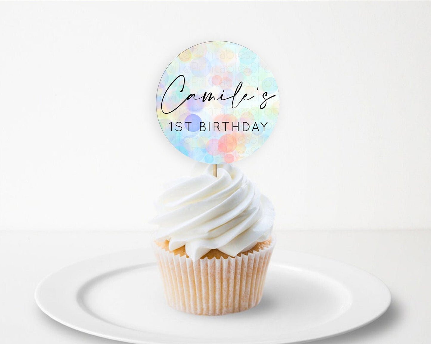 Pastel Cupcake Toppers Pastel Confetti Cupcake Topper Bubbles Sprinkles Colorful Rainbow Confetti Cupcake First Birthday Party Decor D10446