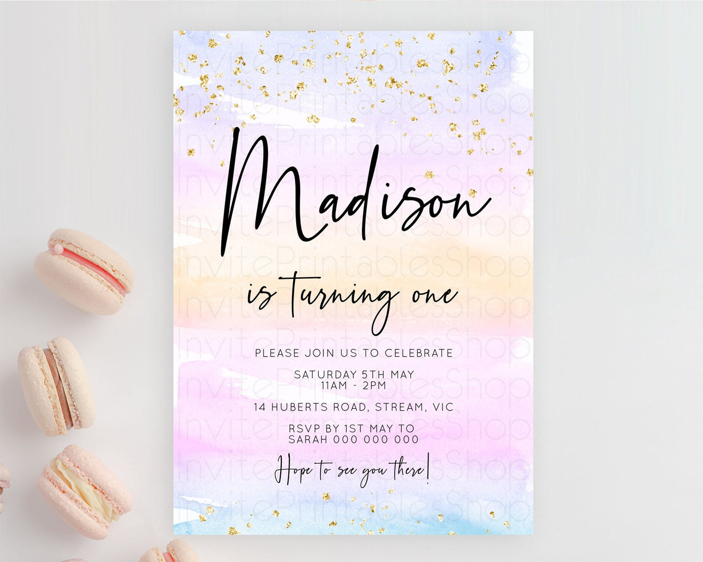 Rainbow Birthday Invitation Colorful Pastel Watercolor Invitation Gold Glitter Sprinkles Ombre Pastel 1st 2nd 3rd Birthday D10594