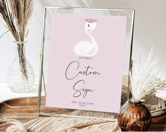 Editable Swan Table Sign Decor Swan Princess Ballet Party Enchanted Swan Lak