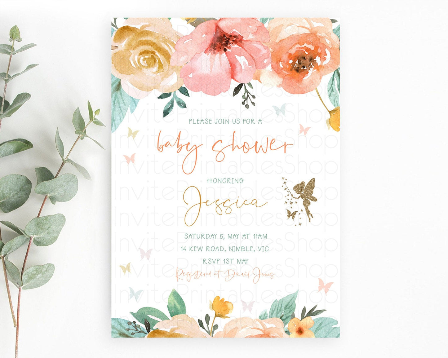 Fairy Baby Shower Invitation Pastel Fairy Invites Fairy Tea Party Fairy Garden Theme Secret Garden Enchanted Garden Floral Butterfly D10346