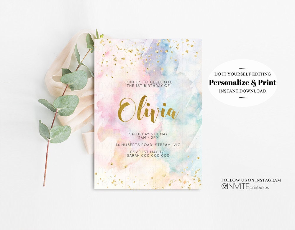 Rainbow Birthday Invitation Colorful Watercolor Gold Glitter Sprinkles Ombre Pastel Invitation 1st 2nd 3rd Printable Editable Invite 276