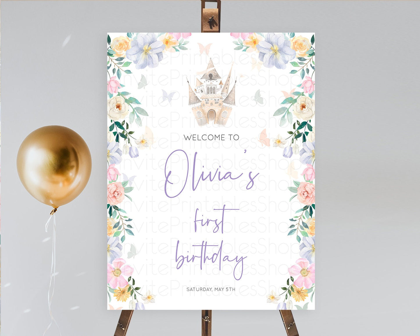 Princess Birthday Welcome Sign Castle Welcome Board Secret Garden Enchanted Castle Pastel Floral Garden First Birthday Welcome Sign D10473