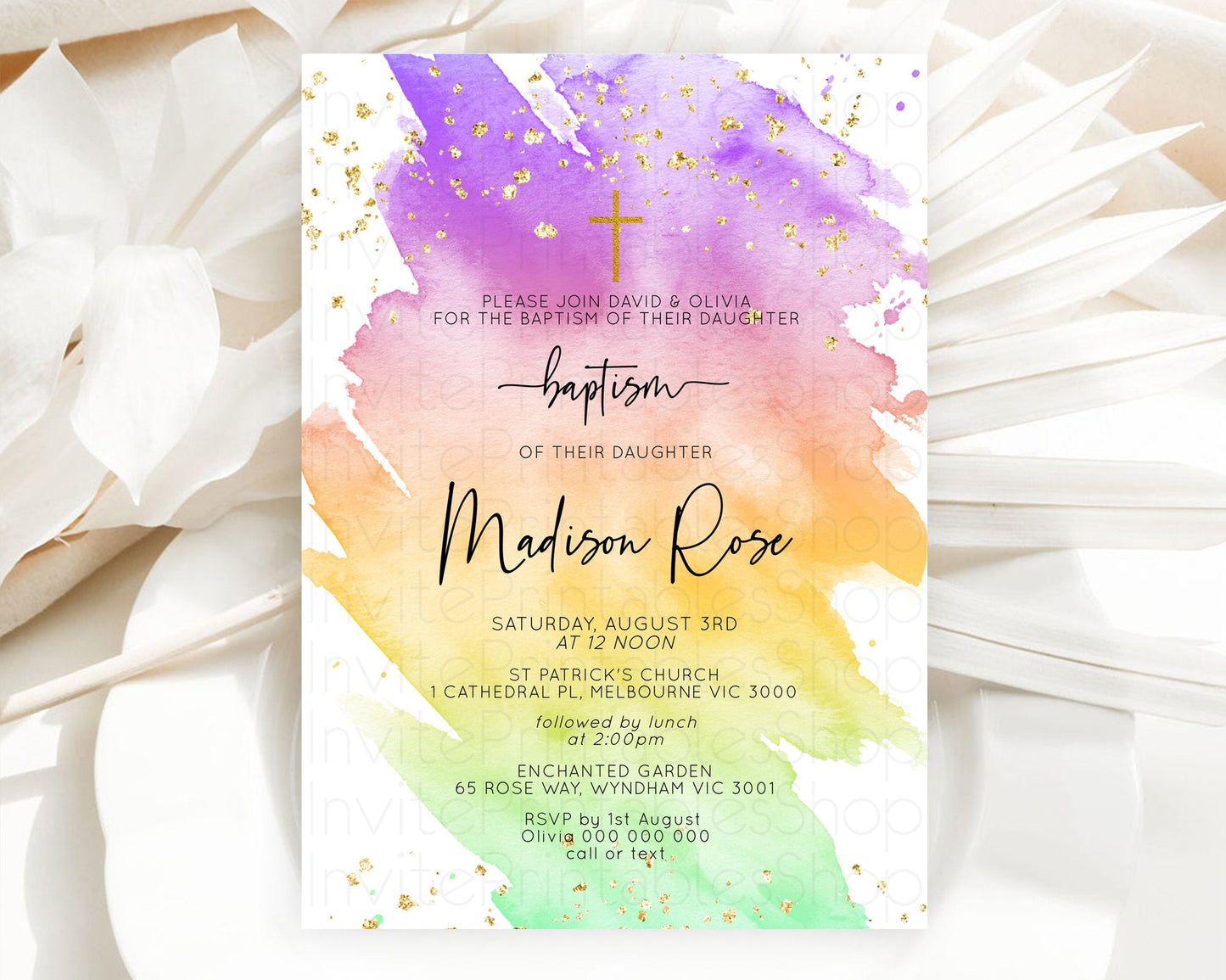 Pastel Baptism Invitation Pastel Colors Watercolor Baptism 1st Birthday Party Gold Ombre Pastel Rainbow Christening Holy Communion D10518