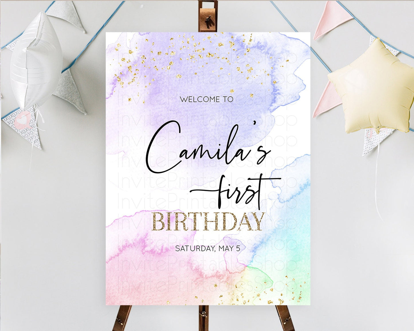 Pastel Welcome Sign Pastel Rainbow Welcome Sign Colorful Rainbow Confetti Watercolor Glitter Pastel First Birthday Welcome Sign D10215