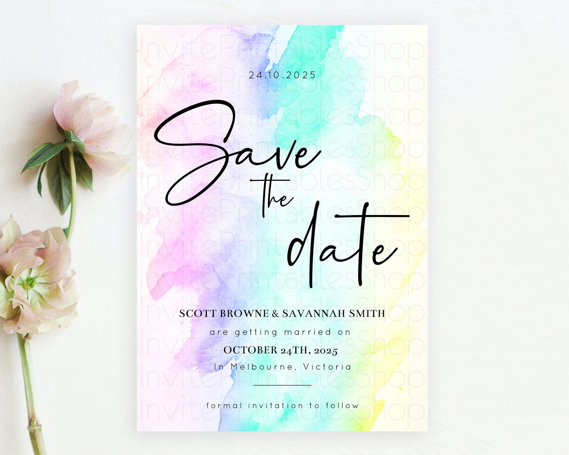 Editable Pastel Save The Date Template Pastel Ombre Rainbow Watercolor Color