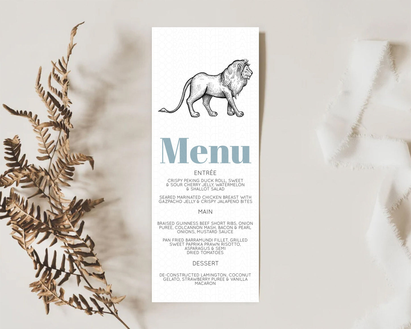 Lion Menu Lion Menu Template Lion Party Table Decor Safari Adventure Lion Menu Dried Palm Fern Lion Dinner Dessert Party Food Menu D10246