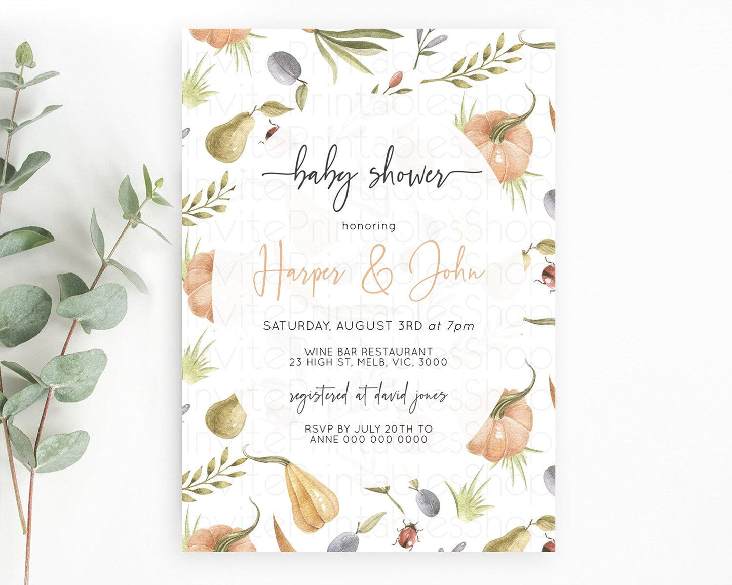 Pumpkin Baby Shower Invitation Pear Invitation Ladybug Invitation Plum Invitation Country Watercolor Baby Shower Invitation D10543
