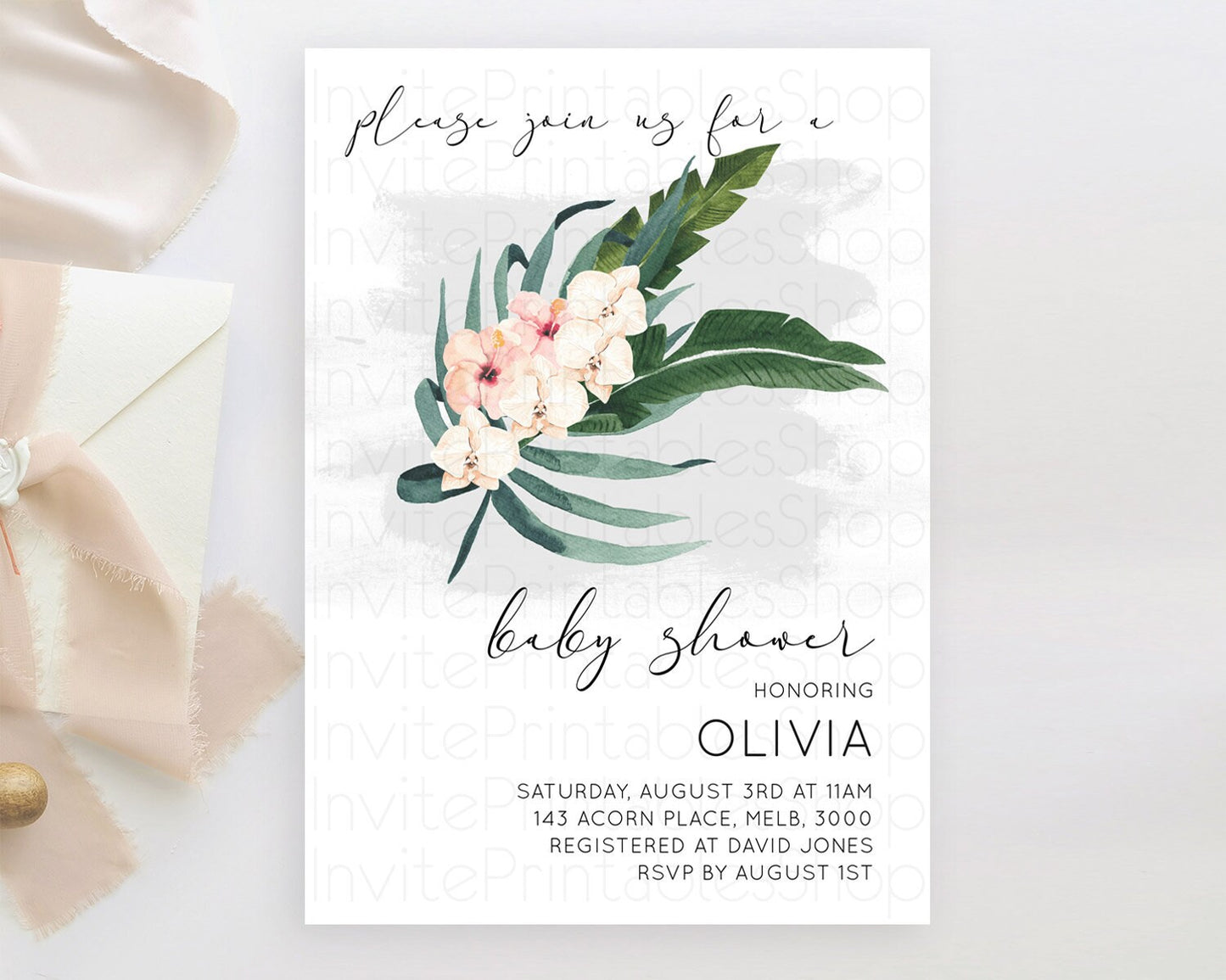 Tropical baby Shower Invitation Tropical Floral Baby Shower Invitation Palm Leaf Fern Invitation Frangipani White Orchid Invitation D11011