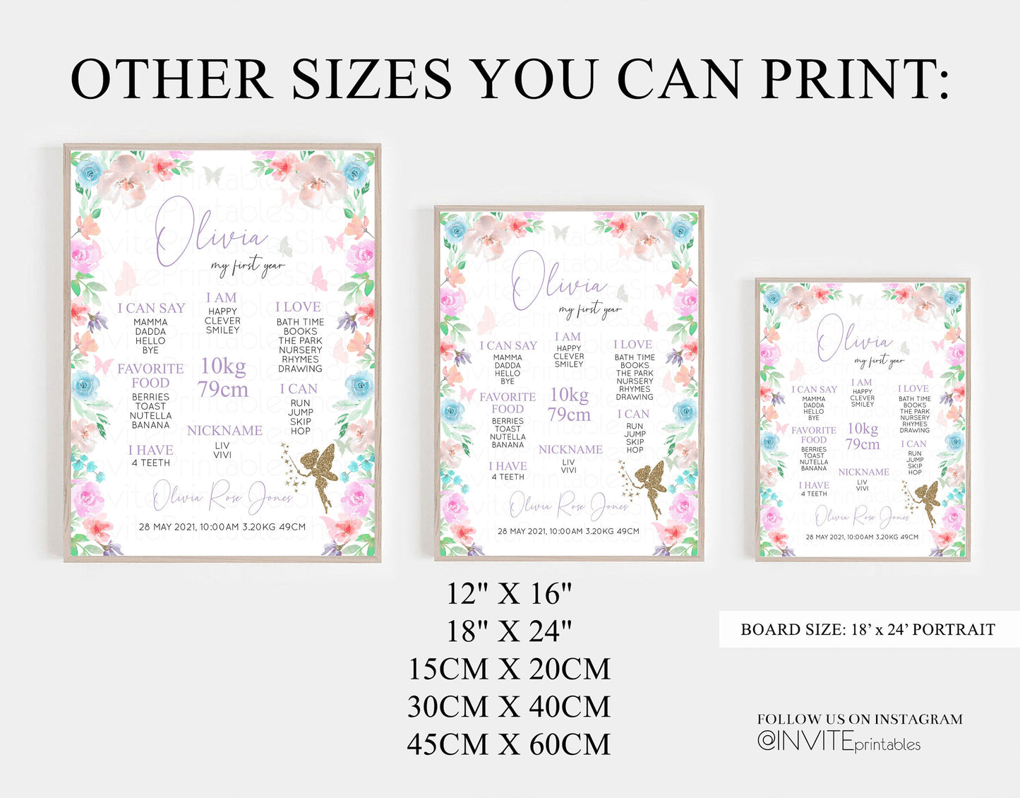 Fairy Baby Milestone Board Pastel Floral First Birthday Poster Enchanted Garden Welcome Board Colorful 1st Birthday Baby Milestone Sign P113